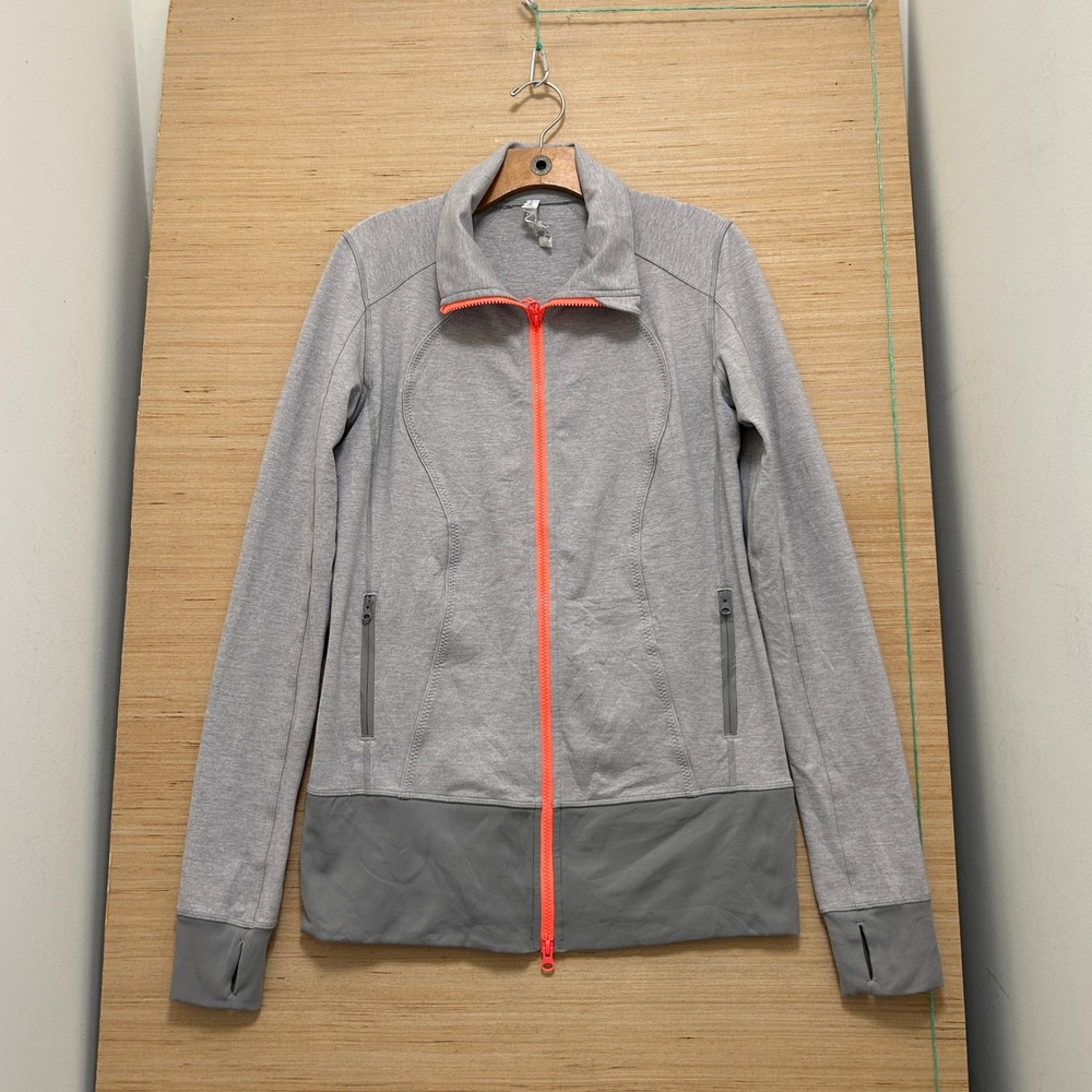 Lululemon Heathered Grey Neon Orange Zip Track Jacket Thumbholes Size 10